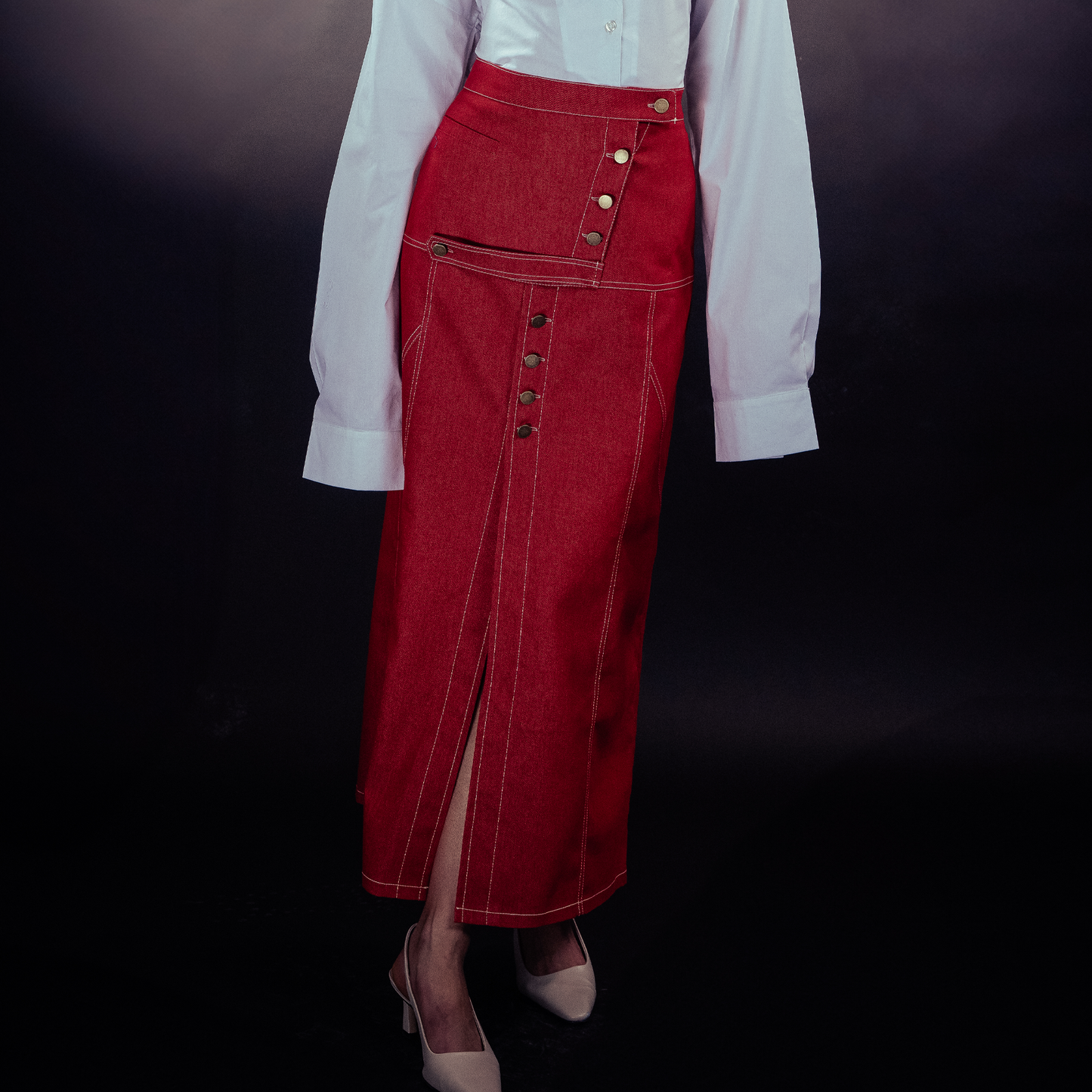 Red Denim long skirt