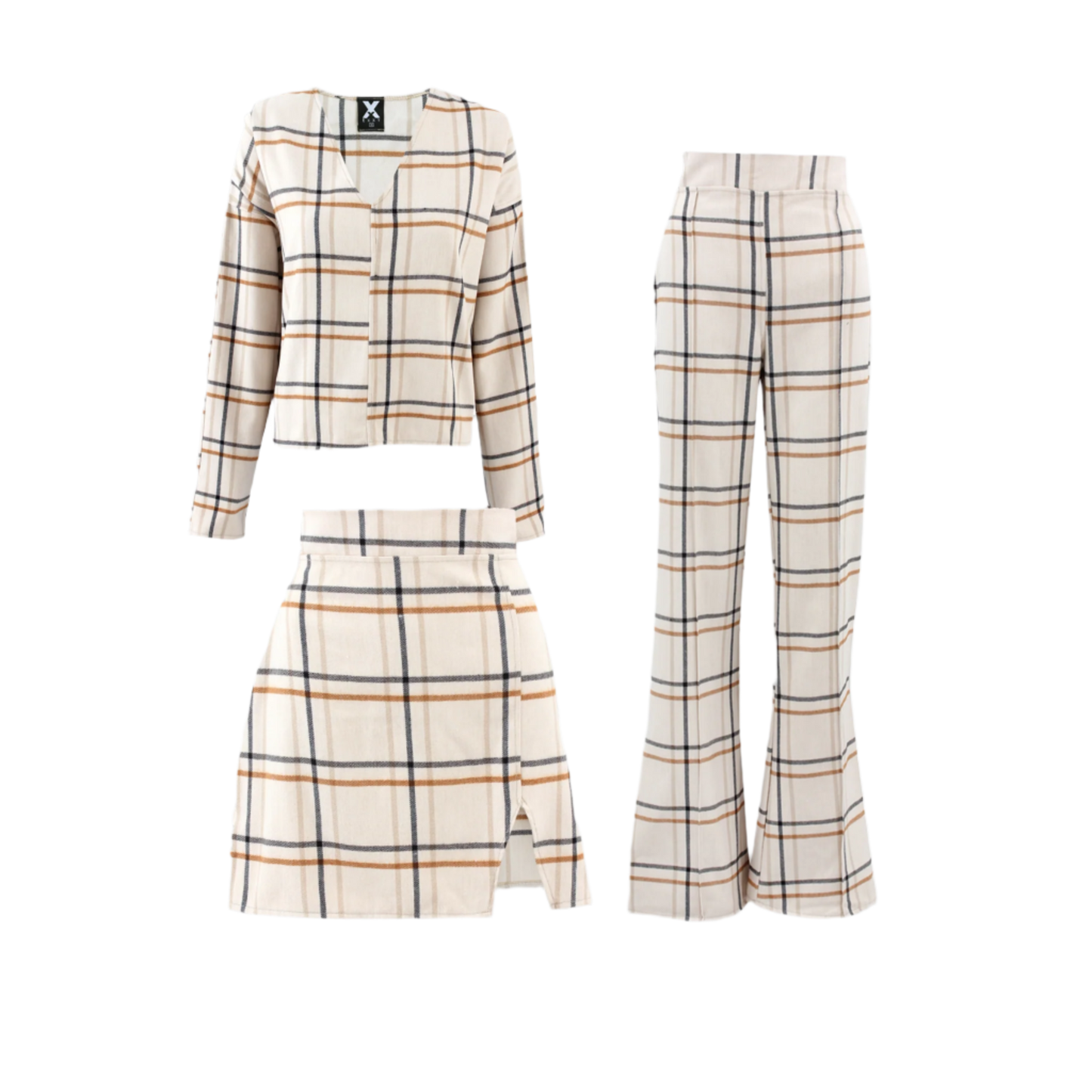 Set of check wool top, pants & skirt