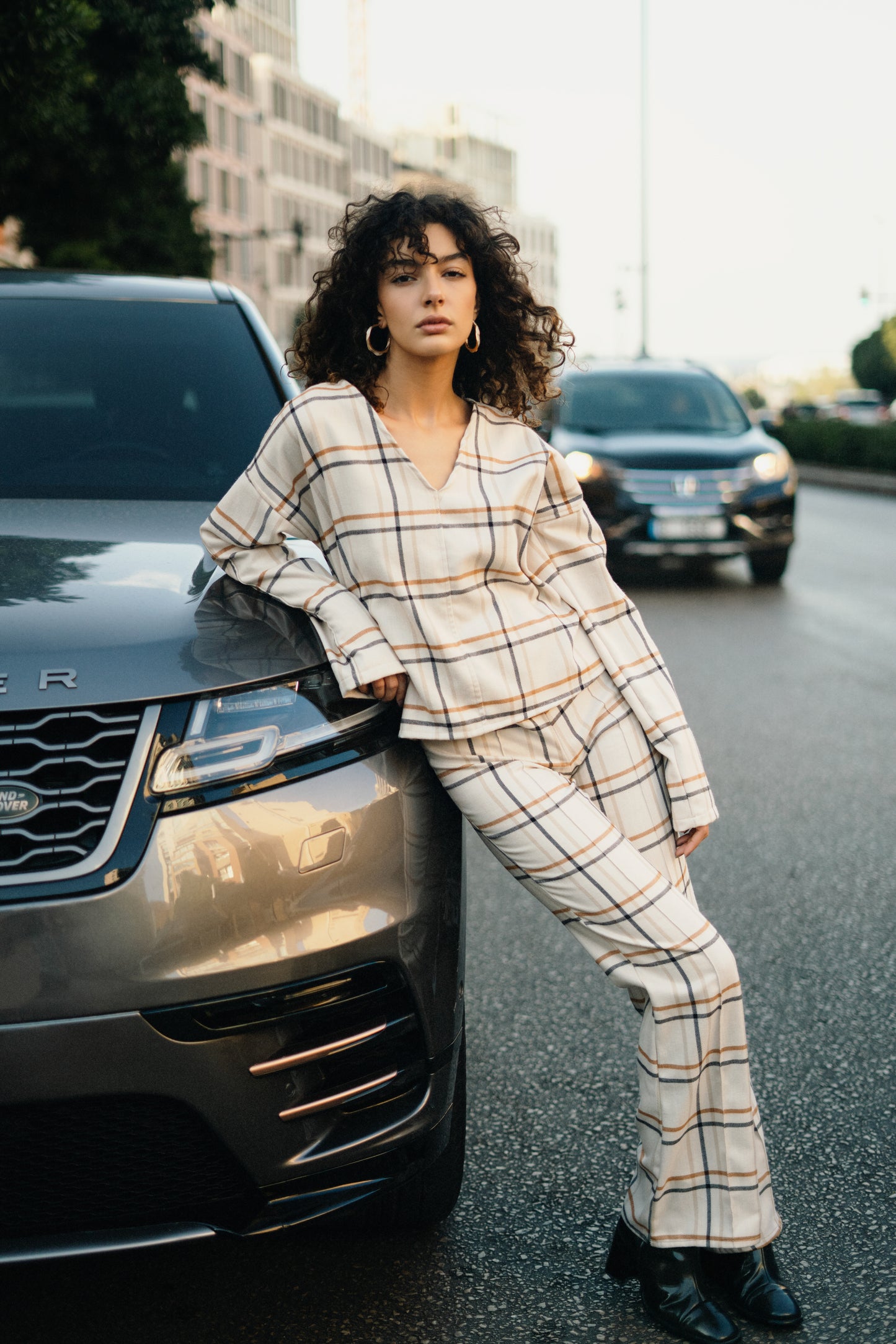 Set of check wool top, pants & skirt