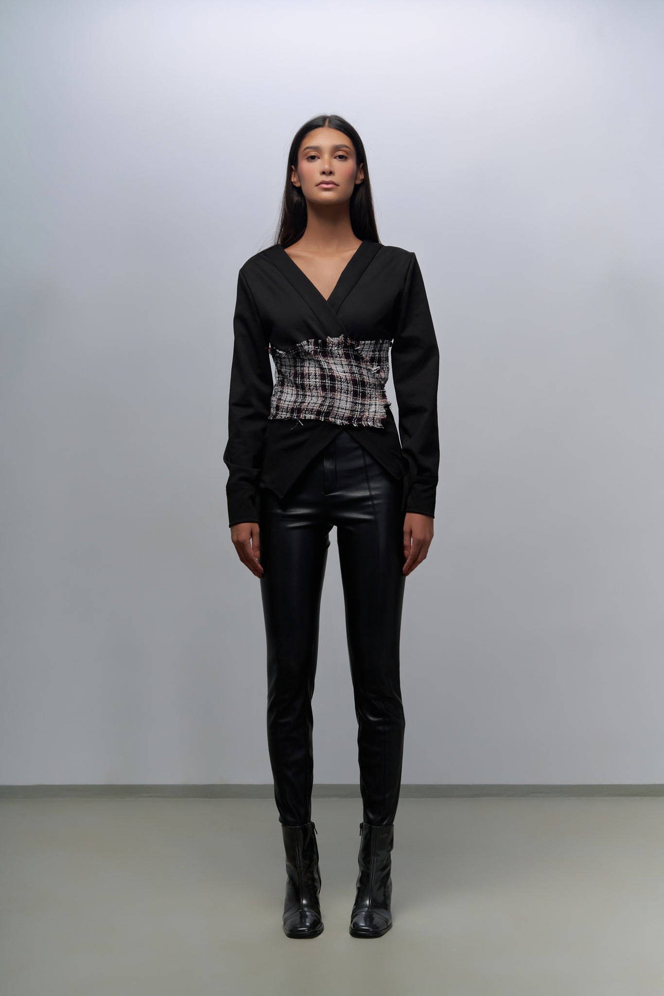 Black & Tweed Belted Top