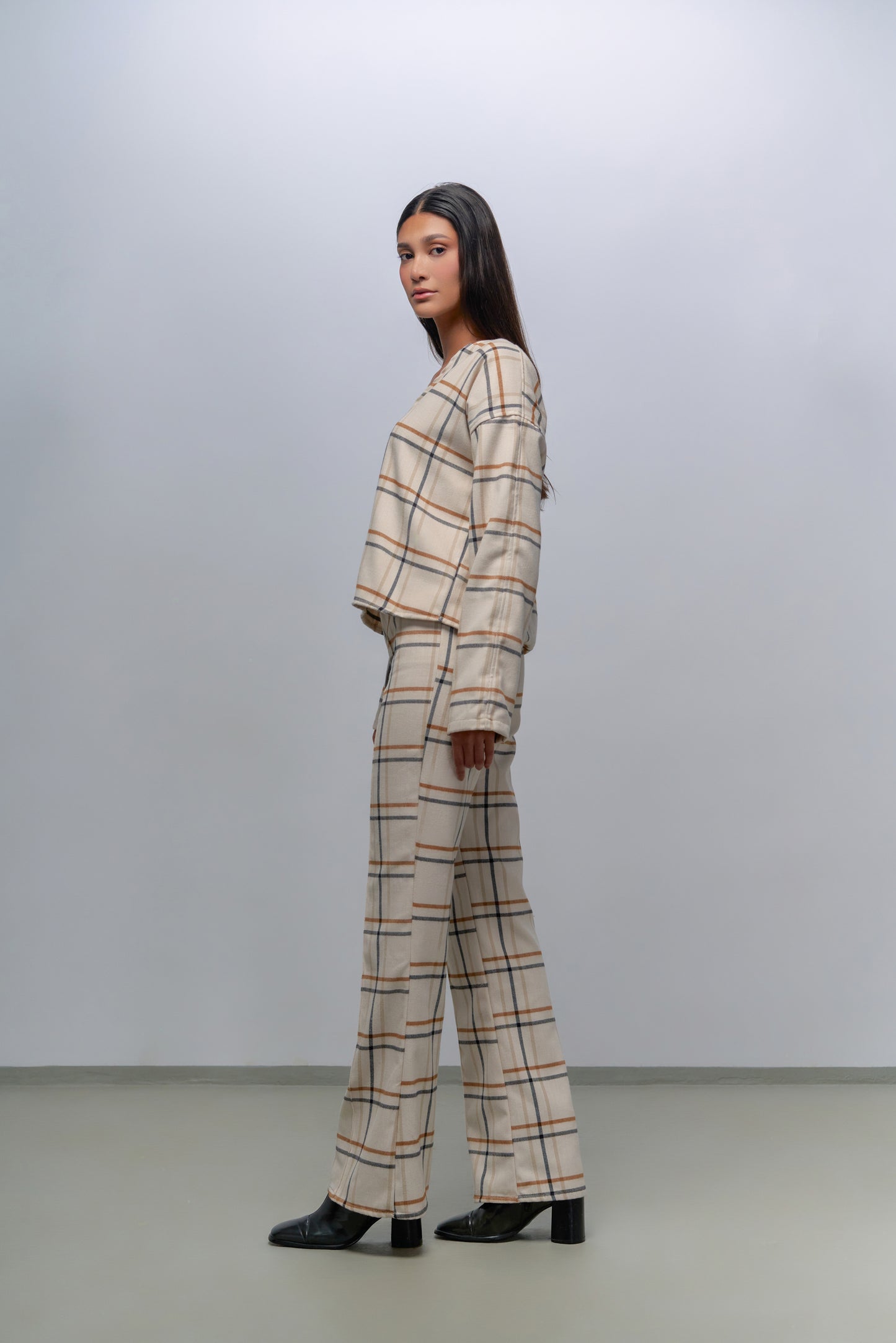 Set of check wool top, pants & skirt