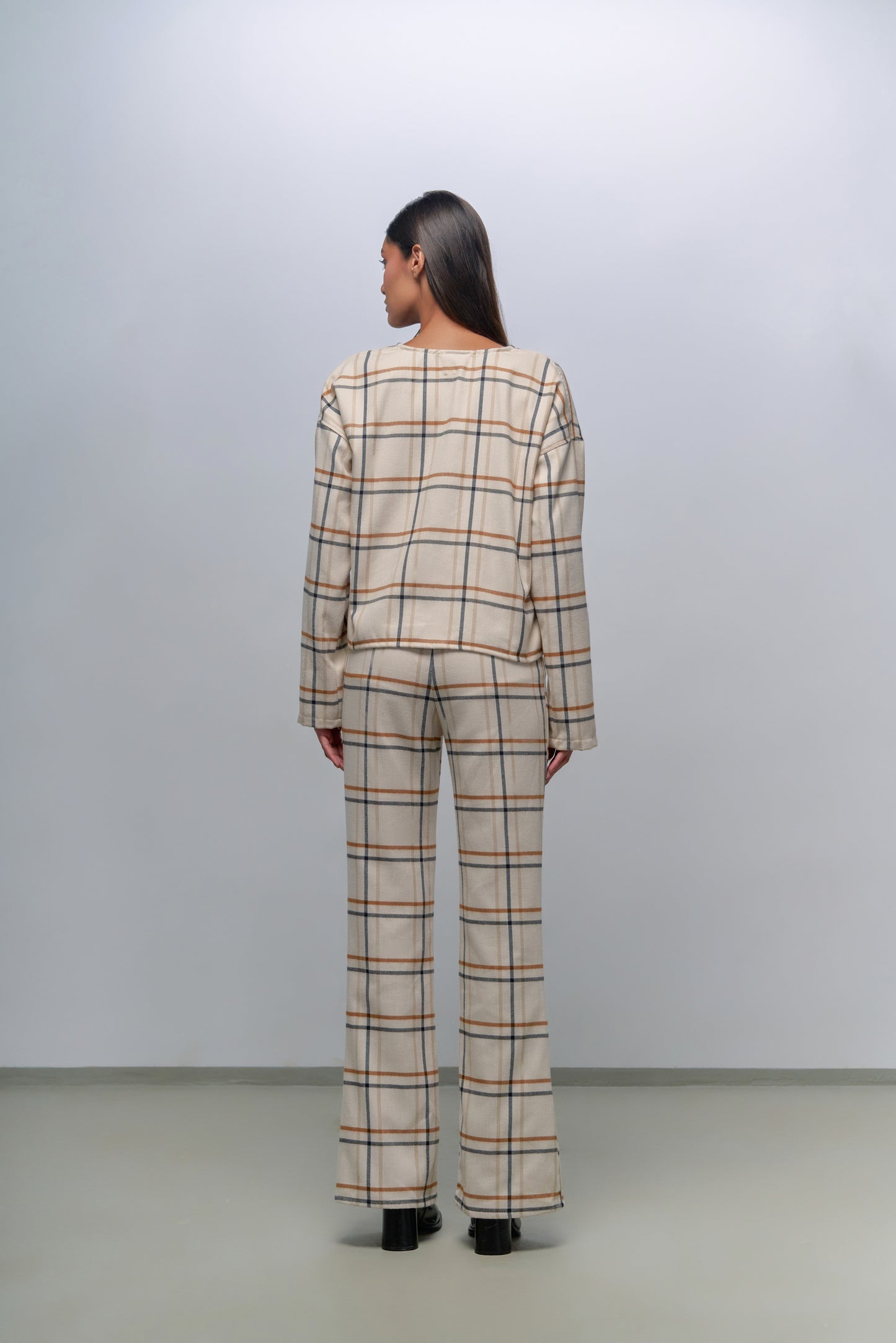 Set of check wool top, pants & skirt