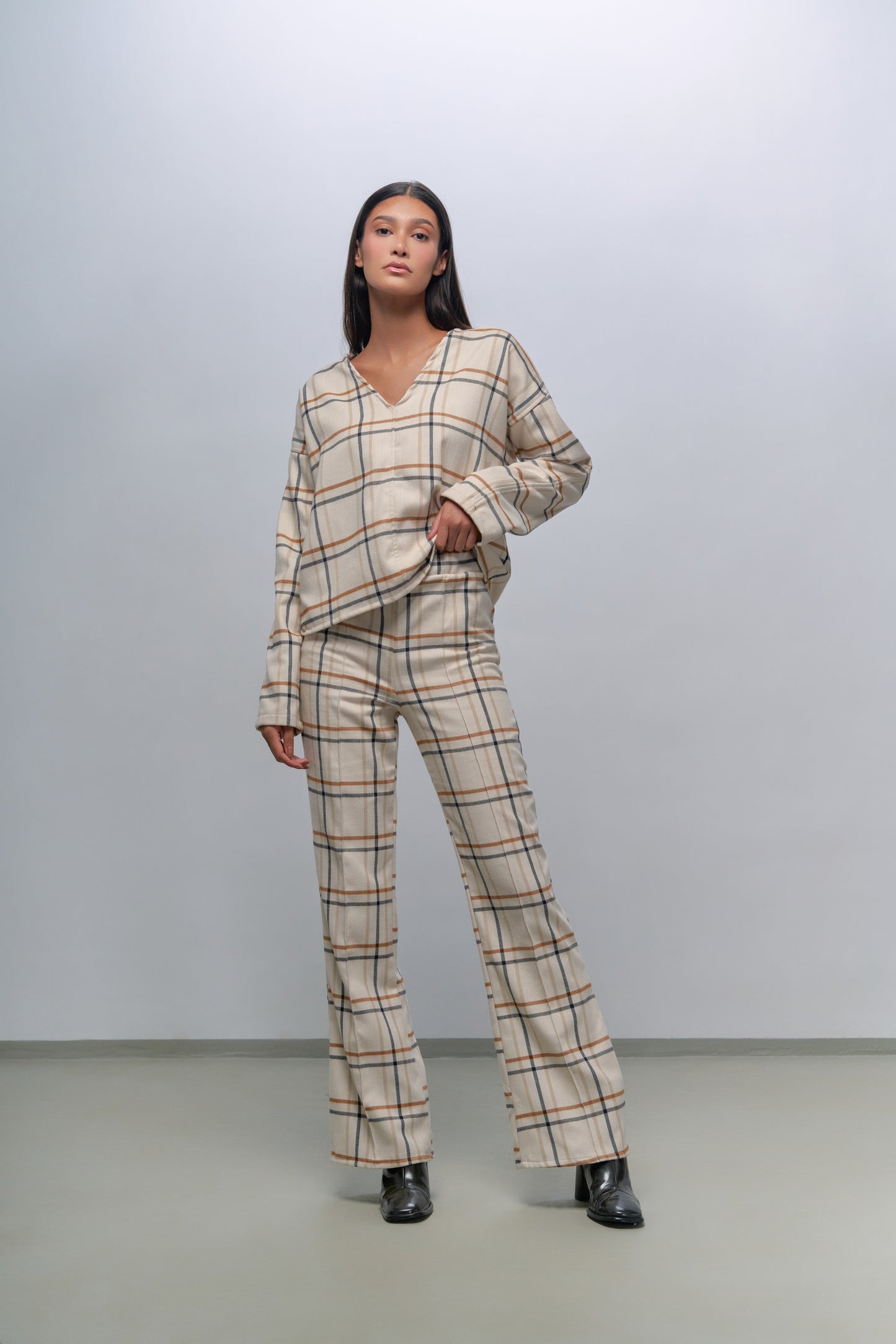 Set of check wool top, pants & skirt