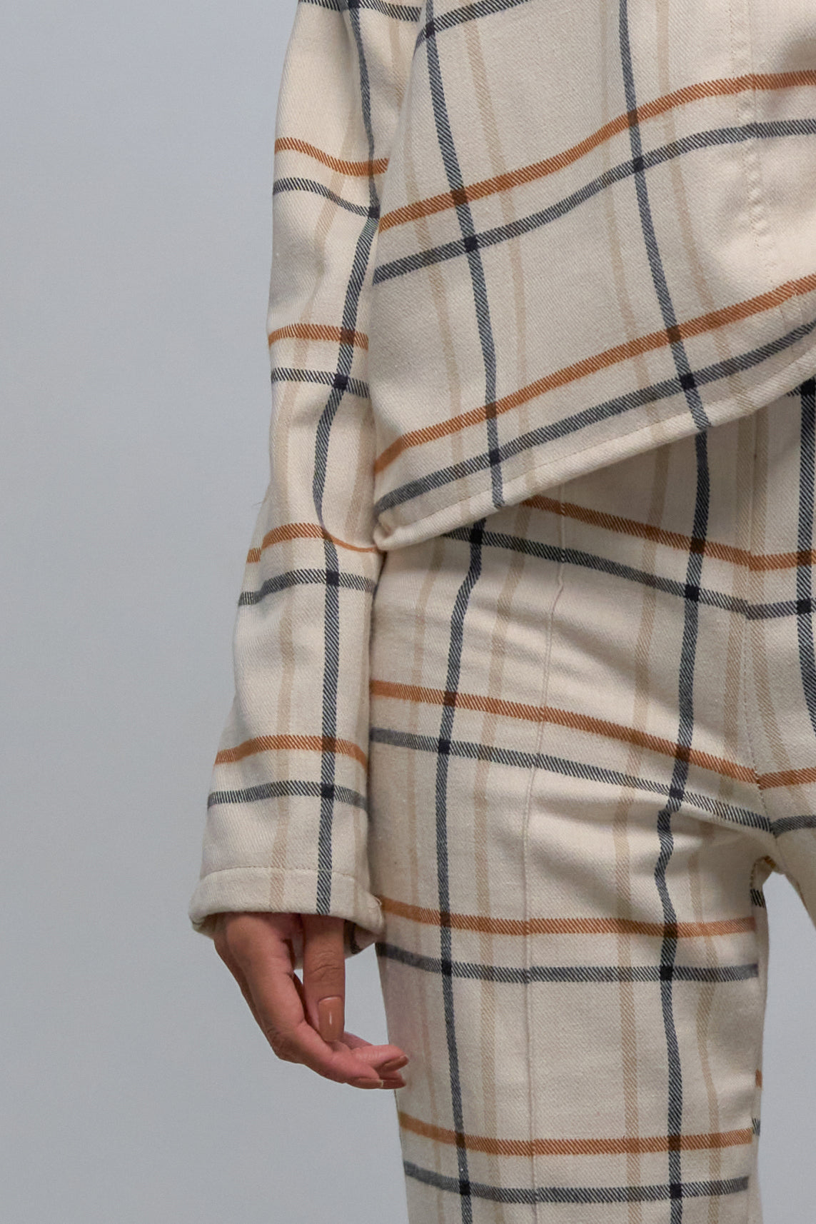 Set of check wool top, pants & skirt