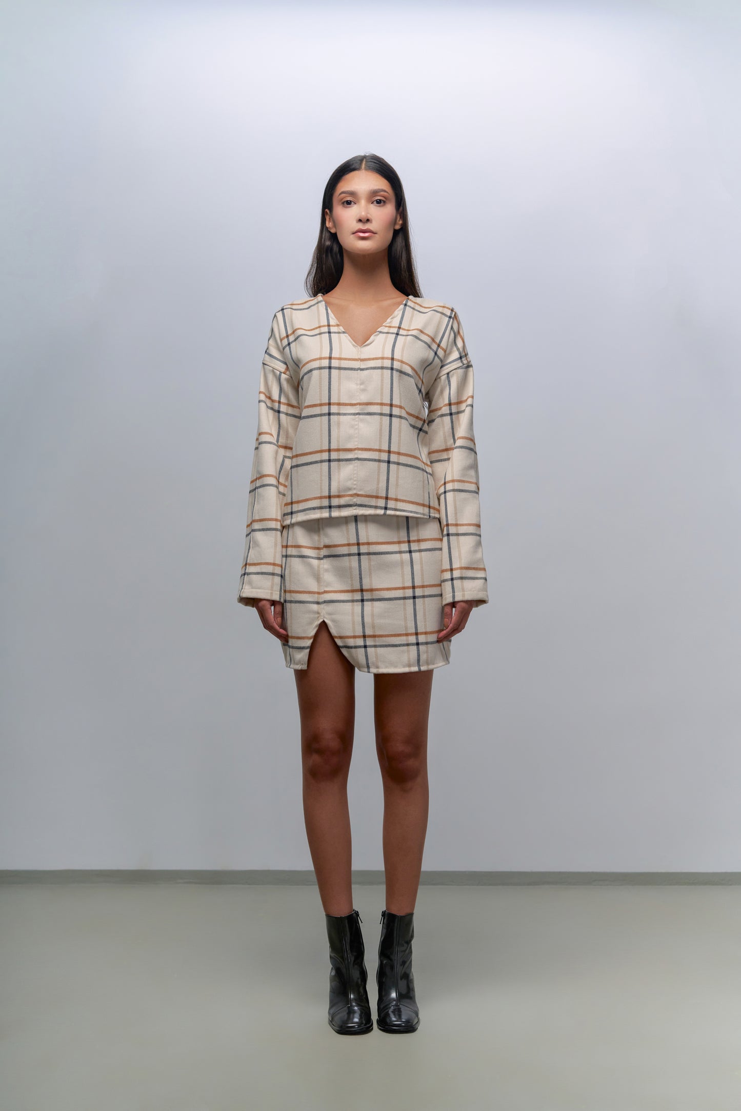 Set of check wool top, pants & skirt