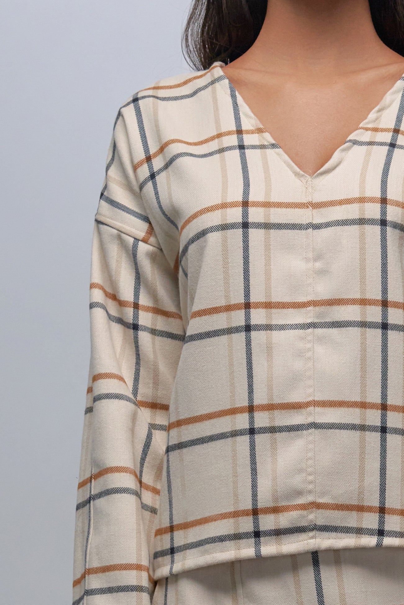 Set of check wool top, pants & skirt