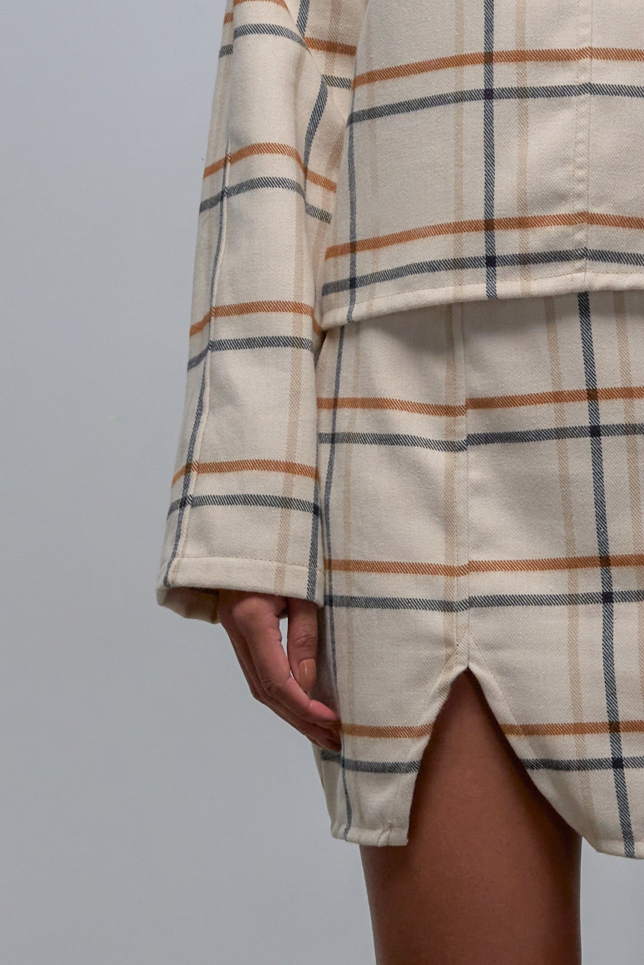 Set of check wool top, pants & skirt