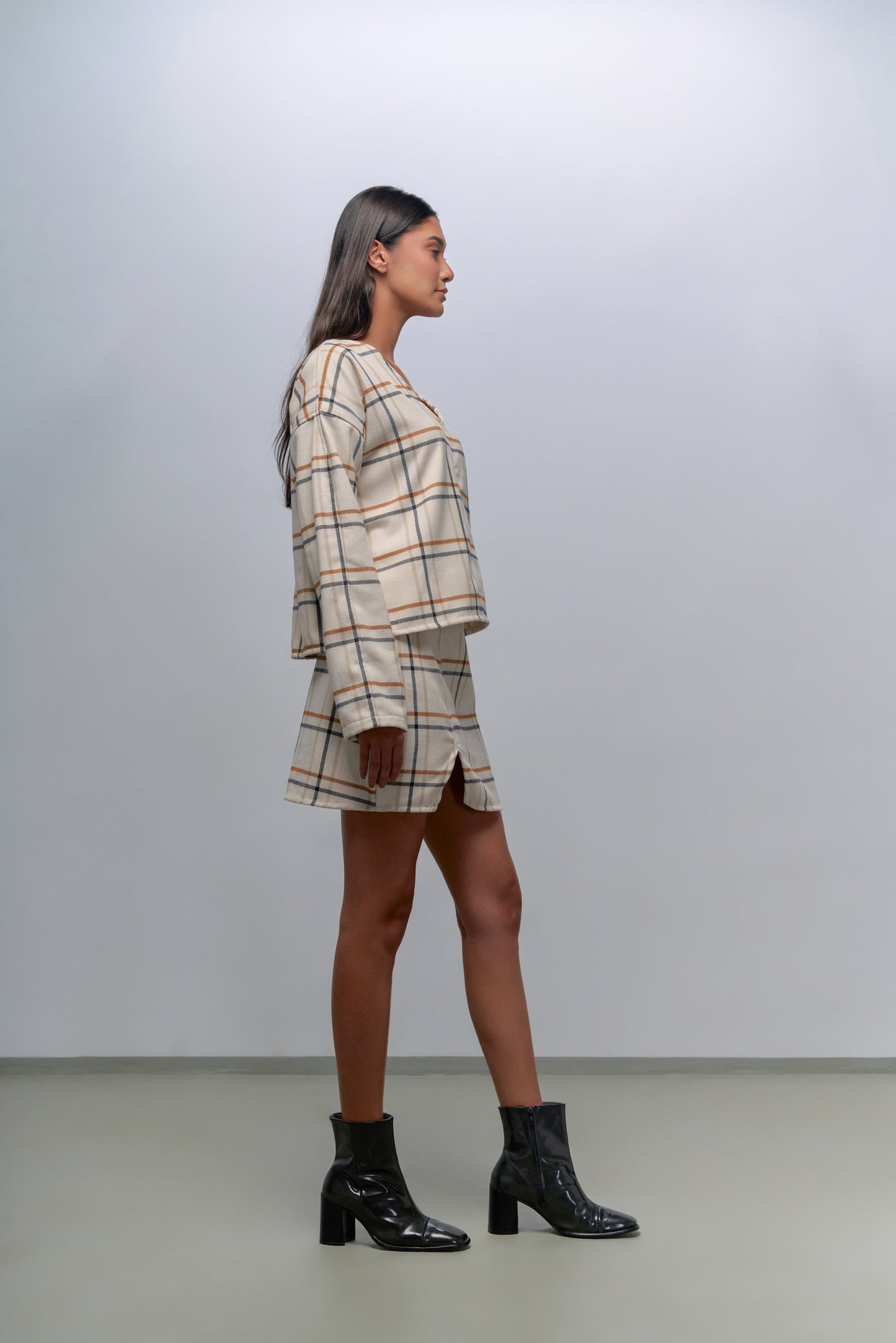 Set of check wool top, pants & skirt