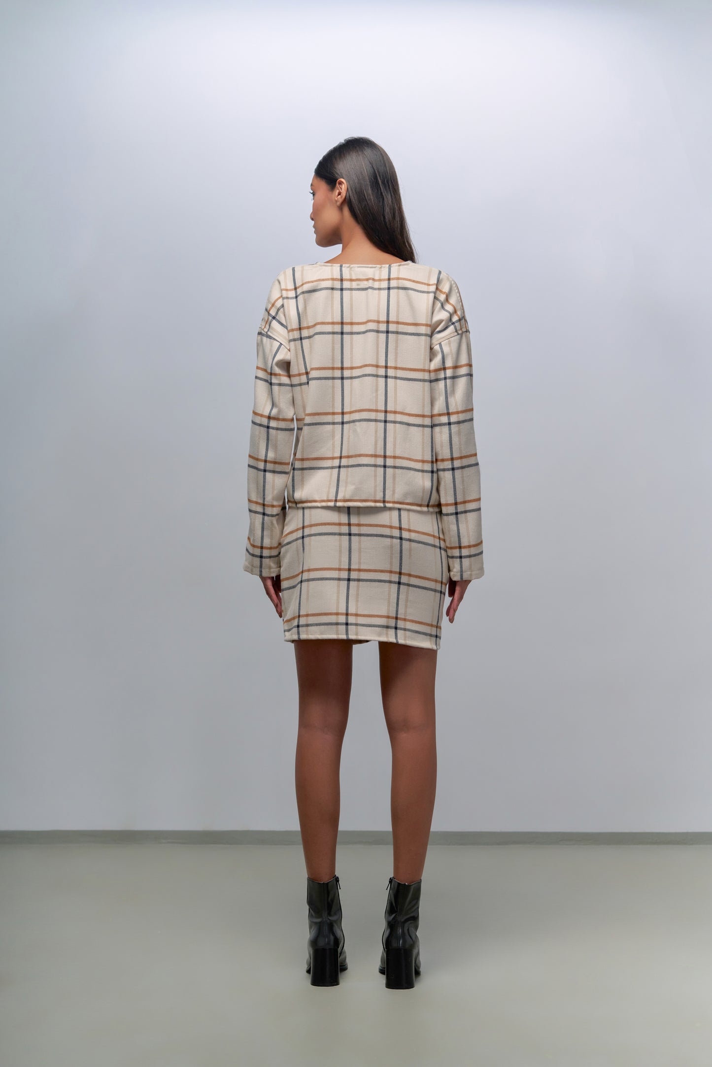 Set of check wool top, pants & skirt
