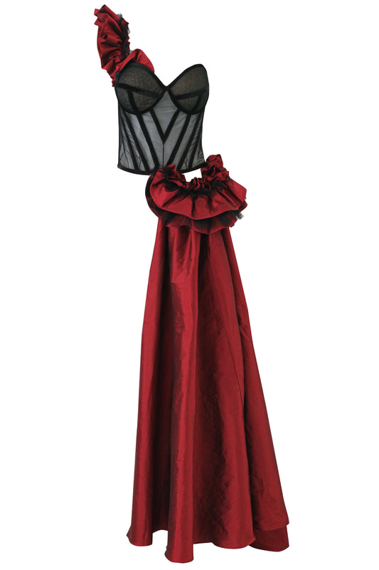 Crimson Ruffle Corset & Noir Tailored Pants Set